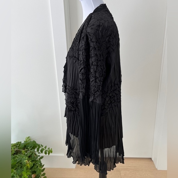 JOSEPH RIBKOFF Sheer Bell Sleeve Tie Front Black Jacket Crinkle High Low Ruffle - Picture 5 of 17